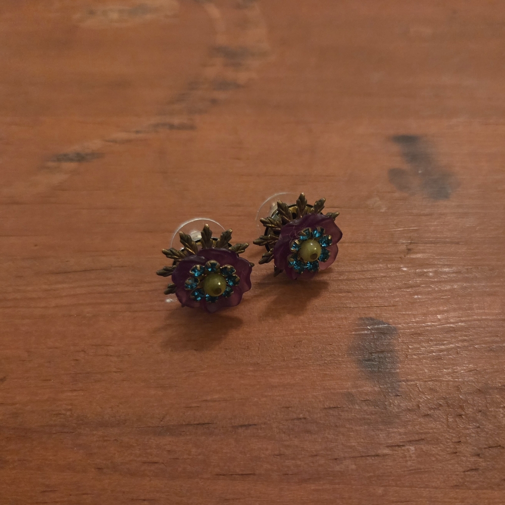Purple and Blue Crystal Flower Stud Earrings